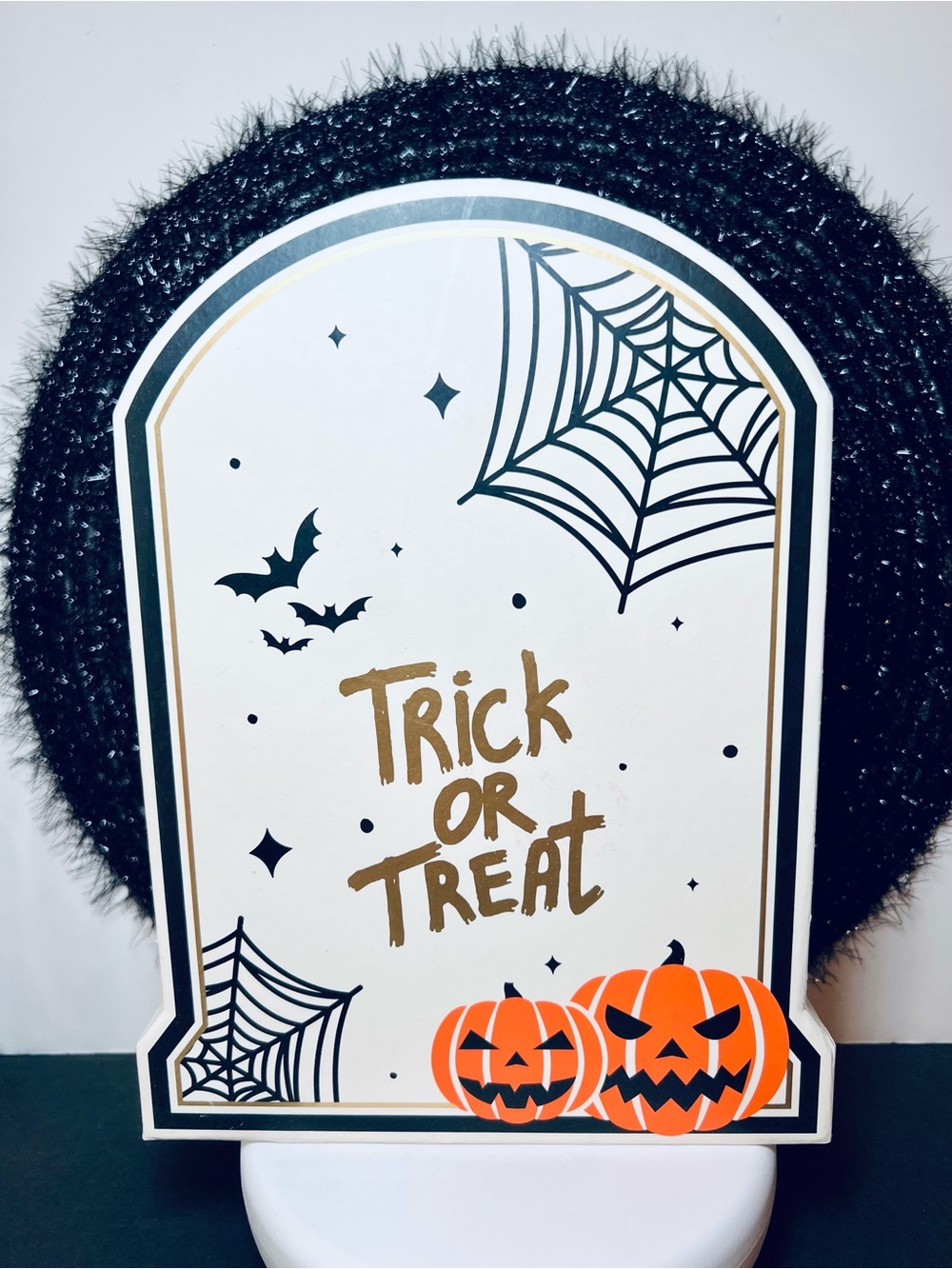 Trick or Treat Halloween Tombstone Shaped Box Pumpkin Jack o Lanterns Bats Webs